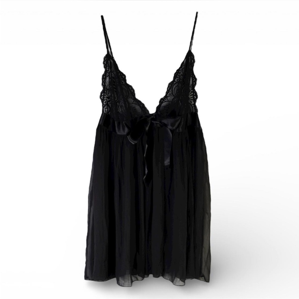 Victorias Secret Black Lace Babydoll Satin Ribbon Camisole Lingerie Size Large